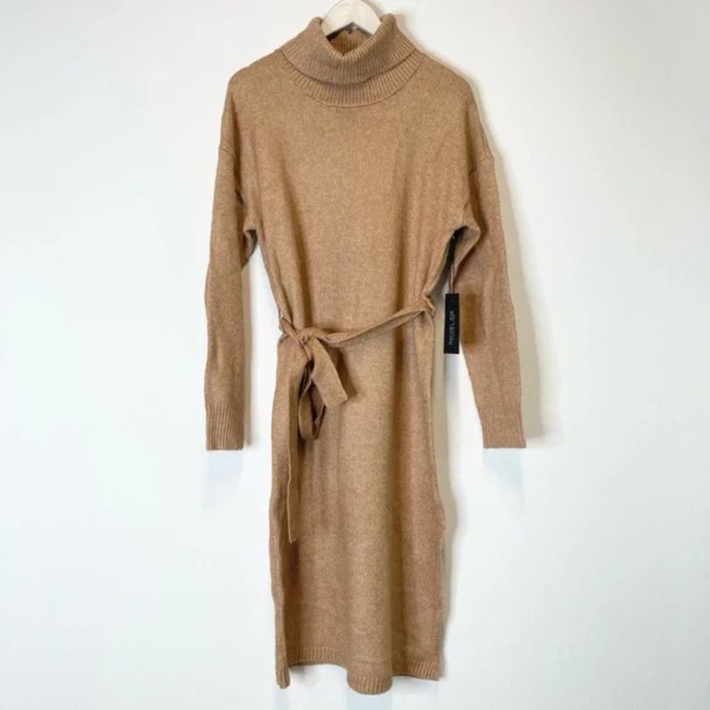 Rachel and Zoe Size 2X Long Sweater Dress with Tie Light Brown Turtleneck NWt